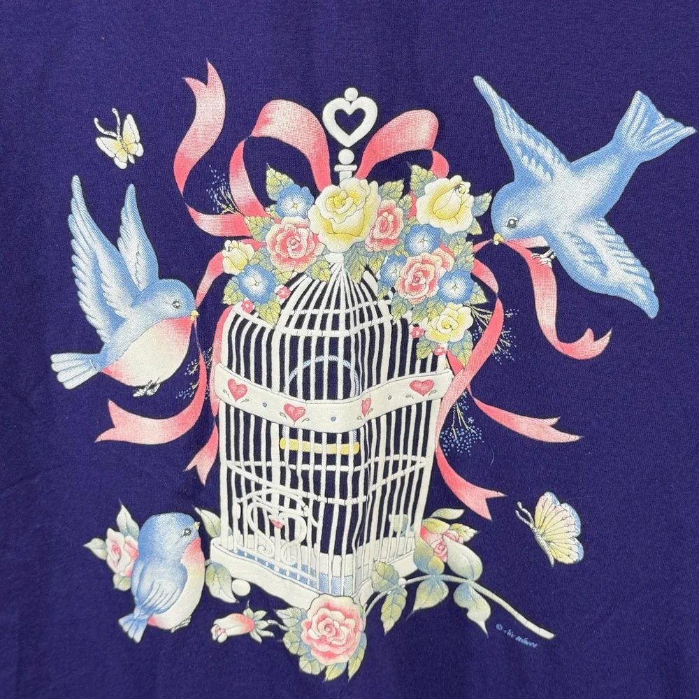 Jerzees‎ Heavyweight Blend Purple Bird Cage Floral Graphic T Shirt Granny Size M - Picture 2 of 7